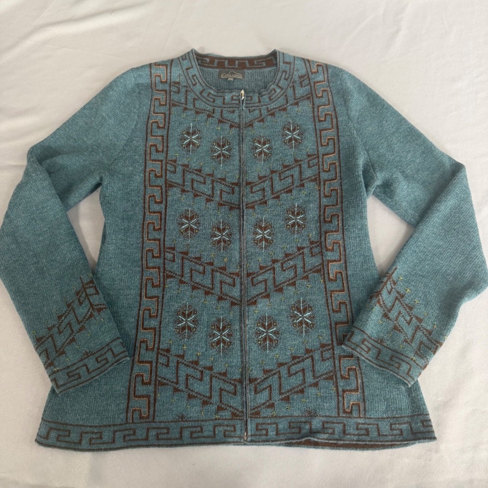 Classic Alpaca 100% Baby Alpaca Sweater Women's XXL Geometric Zip Cardigan Peru